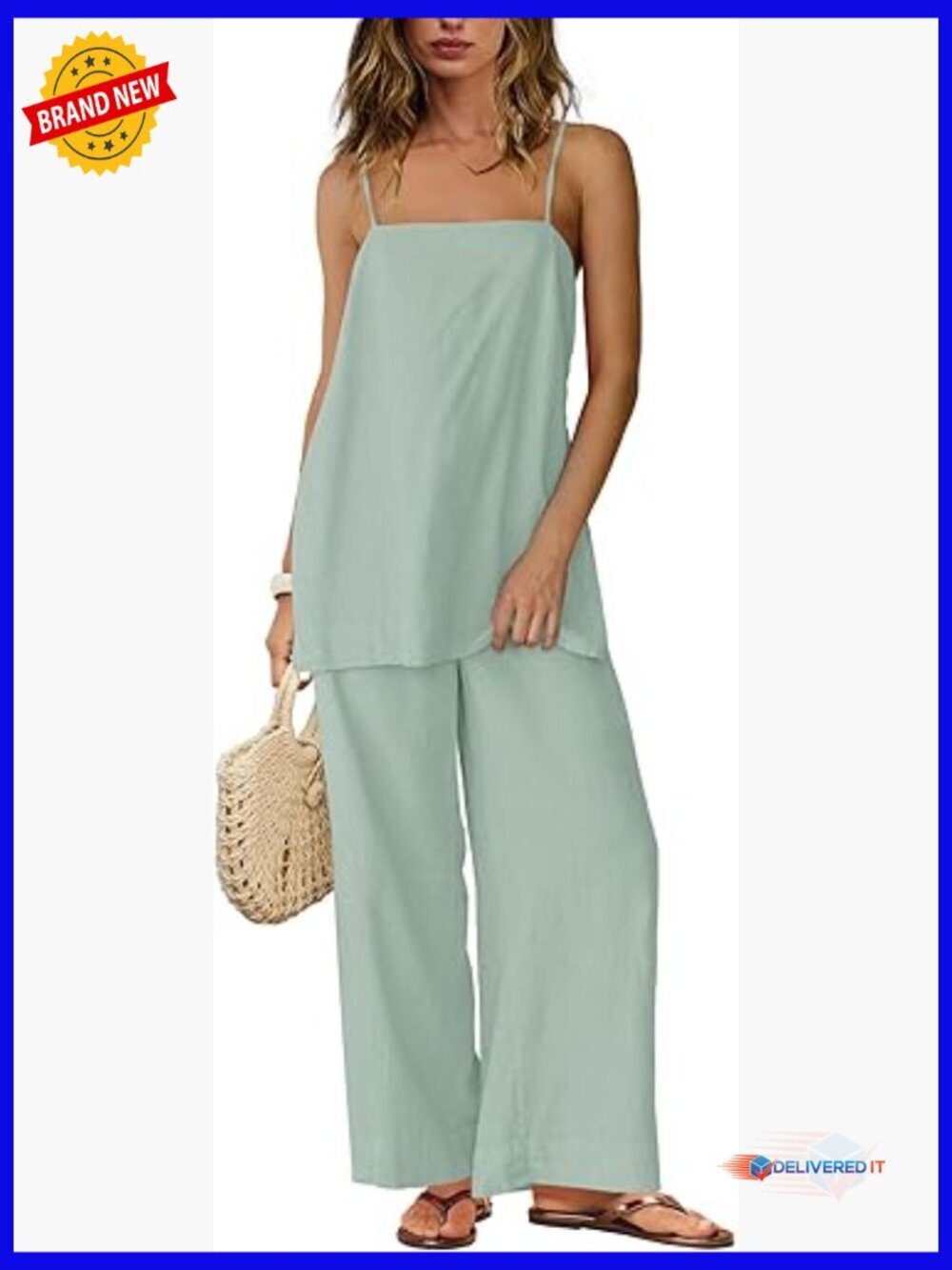 Women's Linen 2 Piece Pant Set - Spaghetti Strap Tank Top and Wide Leg Pants -